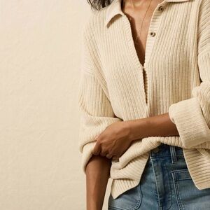 Faherty Beige Ribbed V-Neck Sweater